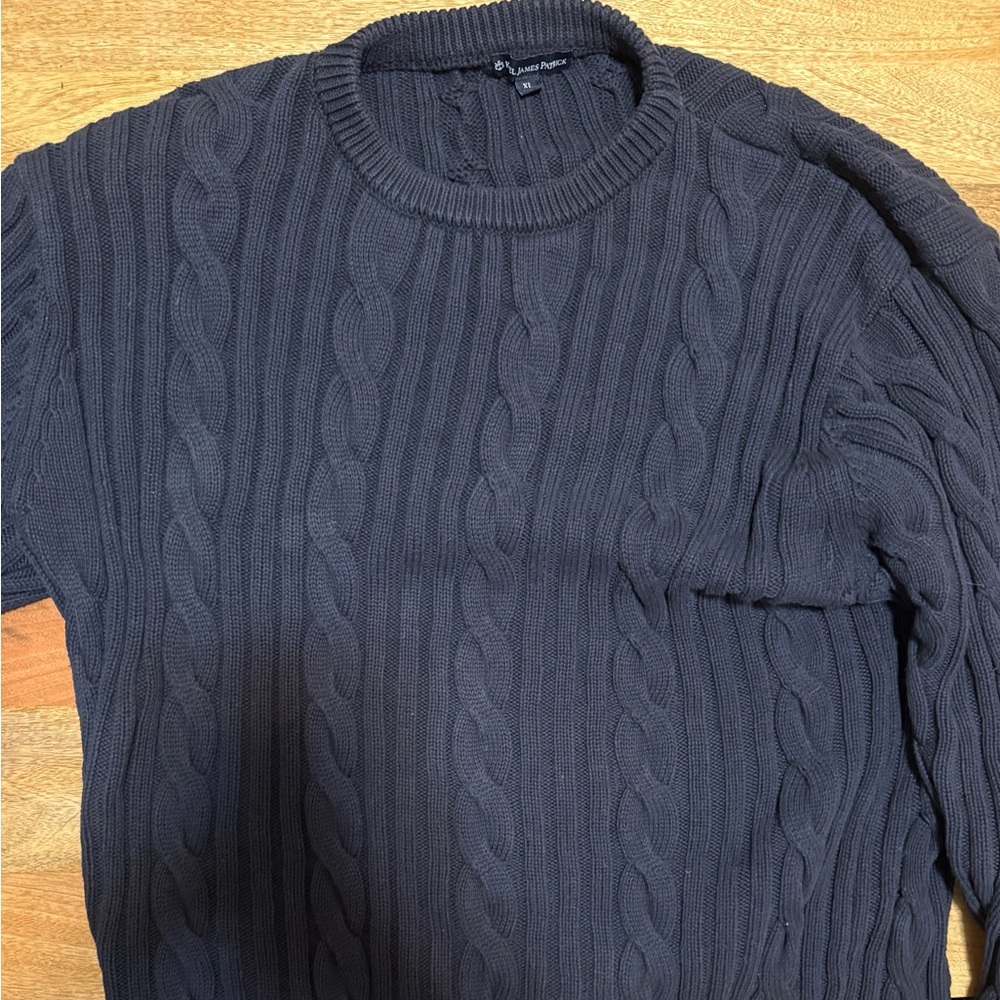 Kiel James Patrick Dark Blue Cable Knit Crewneck Sweater